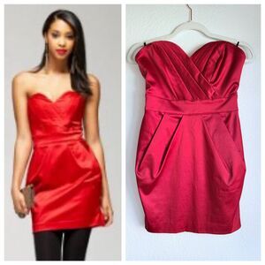 NWT Bebe Brinkley Red Satin Glam Tulip Dress with Convertible Straps / Strapless
